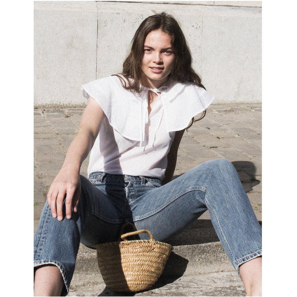 Maison Cleo Lisa Babydoll Blouse in White Cotton - Size M